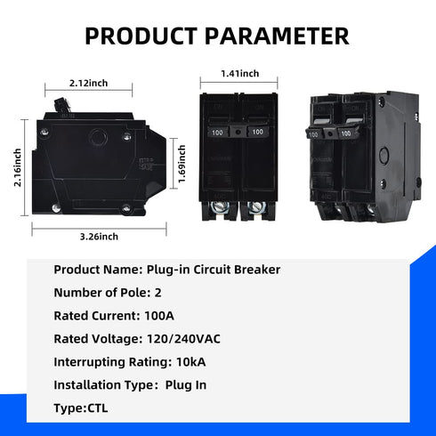 100 Amp Breaker, CNAODUN 2 Pole Circuit Breaker 120/240VAC 10KA Plug-in Mount