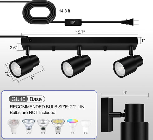 14.8ft 3 Hallway(GU10 Bulb) Plug-in Track Lighting LED, Track Light Fixtures Ceiling, Black Plug in Wall Lights