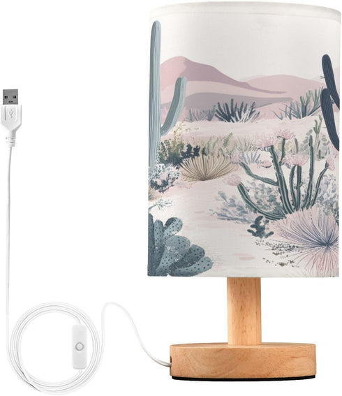 Qilmy Desert Landscape Cacti Bedside Table Lamp with USB Port, Warm LED Small