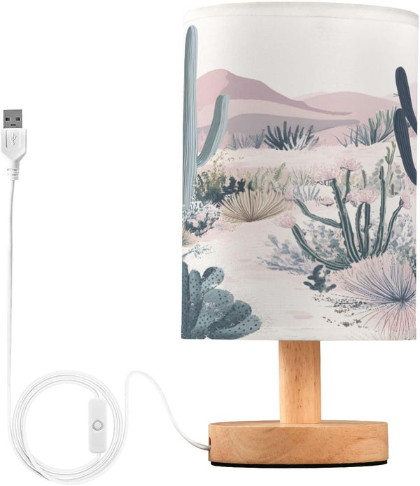 Qilmy Desert Landscape Cacti Bedside Table Lamp with USB Port, Warm LED Small