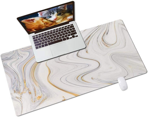 QIYI White Mouse Pad - Cute Marble Large Desk Mat, PU Leather Desk Protector, Non-Slip Extended Writing Pad