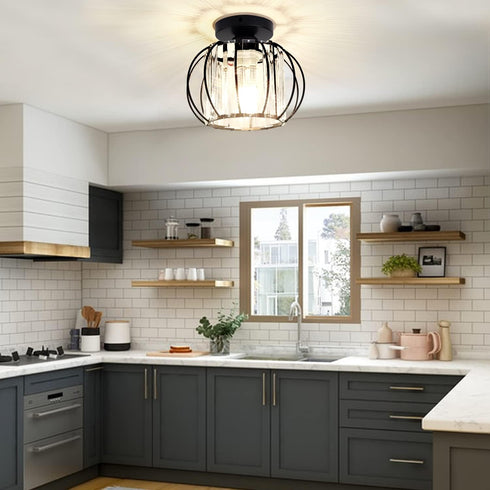 Industrial Black Semi Flush Mount Ceiling Light Fixture, Modern Close to Ceiling Light, Crystal Chandeliers Fixtures