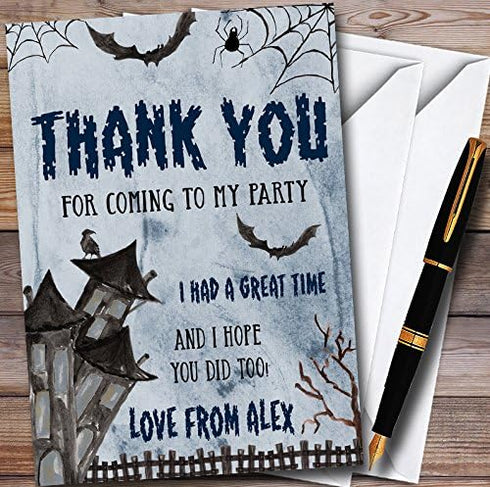 The Card Zoo Vintage Haunted House Blue Personalized Halloween Party Thank You Cards