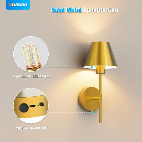 17In Set Remote,3 VOLISUN Battery Operated Wall Sconces of Two,Brushed Gold Wall Sconce Rechargeable with Colors