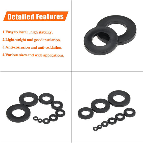 800 Pieces Black Nylon Flat Washers Assortment Kit - 9 Sizes M2 M2.5 M3 M4 M5 M6 M8 M10 M12 (Not Rubber Washer)