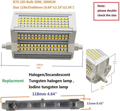 R7S LED Bulb, 50W Warm Light Dimmable, 3000K Double Ended J118, 5000LM Equivalent, Indoor and Outdoor Use