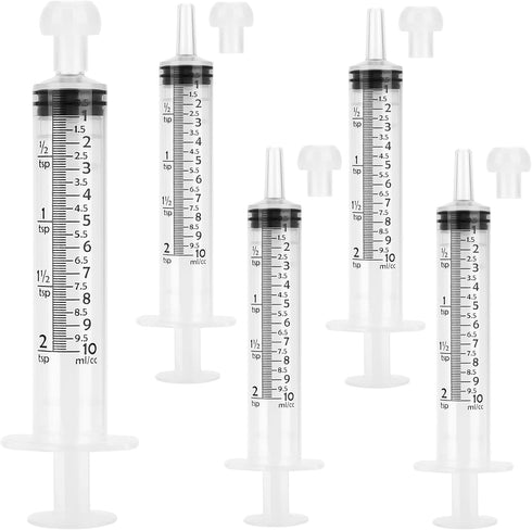 5 Pack 10mL Syringes, 10cc with tsp & mL Measurement and Press-In Cap for Liquid, Food, Oral, Pet, Scientific