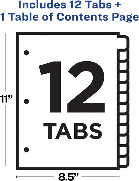 Avery 12 Tab Dividers for 3 Ring Binders, Customizable Table of Contents, 1 Set, Classic White Tabs (11140)