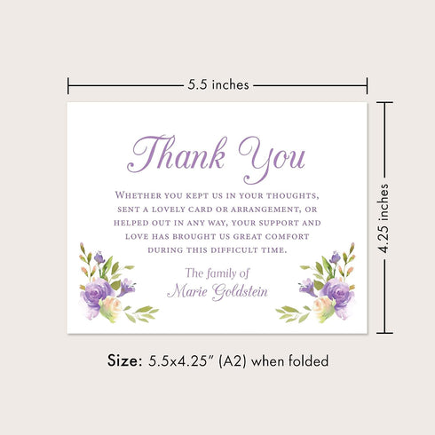 5.5x4.25 Purple Flowers Sympathy Thank You Cards, Custom Funeral Thank You Cards with Name, Personalized Bereavement