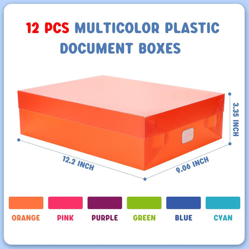 Pinkunn 12 Pcs Multicolor Plastic Document Boxes, 12.2 x 9.06 x 3.35 Inch Keepsake Storage with Lid
