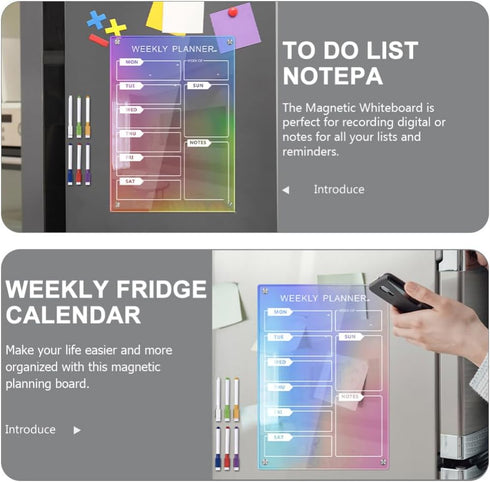 MAGICLULU Magnetic Fridge Calendar, Iridescent Clear Acrylic Dry Erase Board, Reusable Weekly Planner with Markers