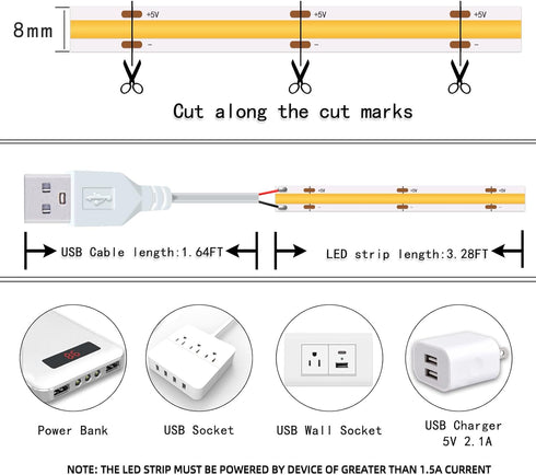 5V Dimmable (3.28FT 6500K) Led Strip Lights, USB LED Lighting COB Short LED Strip Light White Flexible Not led Light