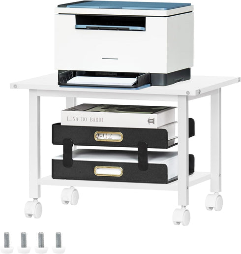 Lerliuo Under Desk Printer Stand, 2-Tier Mobile Printer Table with Storage Shelf and Lockable Wheels (White)