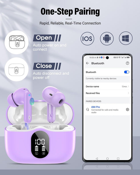 5.4 IP7 Wireless Earbuds, Bluetooth Headphones Bass Stereo, Ear Buds with Noise Cancelling Mic, LED Display in Ear