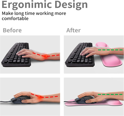 PULAIXIN Ergonomic Mouse Pad Wrist Support & Keyboard Set, Cute Memory Foam Non-Slip Rubber Base, Pink