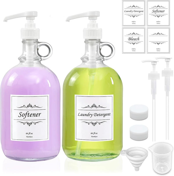 2 Pack Laundry Detergent Dispenser with Pump and Lid, 64 Oz Glass