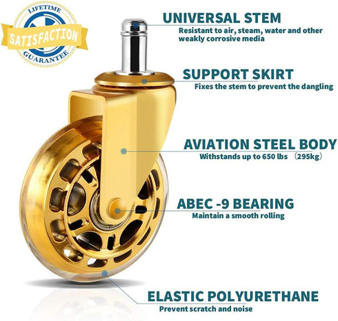 Office Chair Replacement Wheels, Set of 5, 3'' Heavy Duty Caster Wheels, Universal Stem 7/16 Inch, Gold