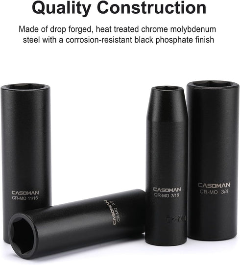 1/2-Inch Set, 13 Set, 7/16"-1-1/4", CASOMAN Drive Deep Impact Socket Pieces CR-MO, SAE, Heavy Duty Storage Case
