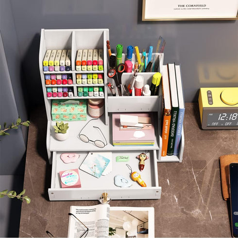 Upgraded Desktop Stationary Organizer with Drawer, DIY White Pencil Holder for Home, Office and School Tidy Caddy
