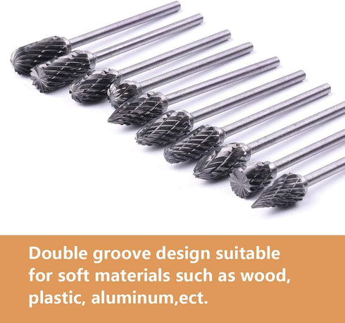 ATOPLEE 10pcs Carbide Burr Set, 2.35mm Shank Tungsten Steel Double Cut Rotary Tool for Woodworking, Drilling, Metal