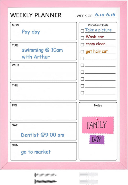 Dry Erase White Board Weekly Calendar Board, 18“x24" Solid Wood Pink Framed Message Board for Office