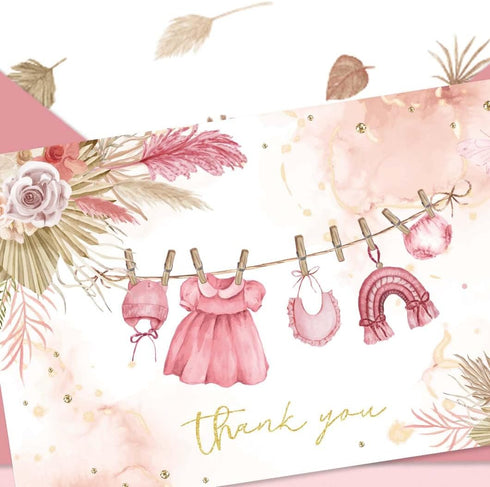 SolarGlory 50 Pack Set Pink Baby Shower Thank You Cards with Envelopes & Stickers for Girl, Floral Design Girl Thank