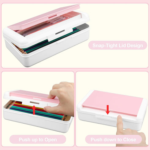 Double Layer Pencil Box, Large Capacity Plastic Case with Snap-tight Lid for Office School Supplies