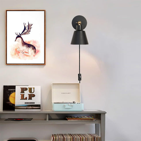 (1, ClanKin Plug in Wall Sconces Lighting, Black Wood Style Wall Sconce Reading Lamp, Adjustable Wall Light for Bedroom