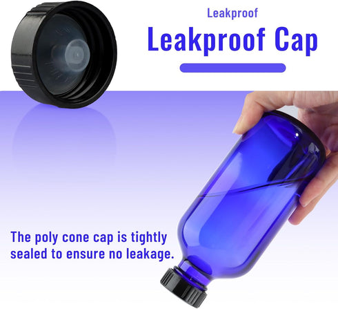 12 Pack 8 oz Cobalt Blue Glass Bottles, 240ml Boston Round Sample Bottles with Black Poly Cone Caps, Labels & Funnels