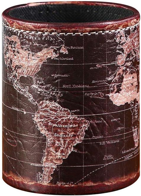 Black World Map Pencil Holder for Desk, PU Leather Pencil Cup, Globe Pen Holder Organizer
