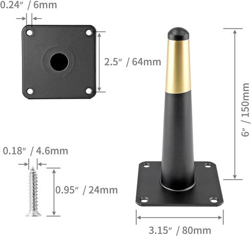 Seimneire 4pcs 6 Inch Furniture Legs, Straight Conical Metal Legs Matte Black Gold Mid-Century Style Furniture Feet