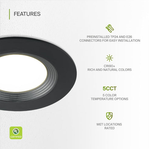 6 Inch 12W 2700K-5000K 1009LM 6 Inch, Dimmable ASD Black Retrofit LED Recessed Lighting - Can Lights for Ceiling Black