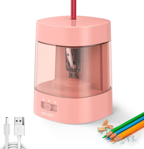 Deli Electric Pencil Sharpener, Automatic for No.2 and Colored Pencils, USB & Battery Operated, Pink