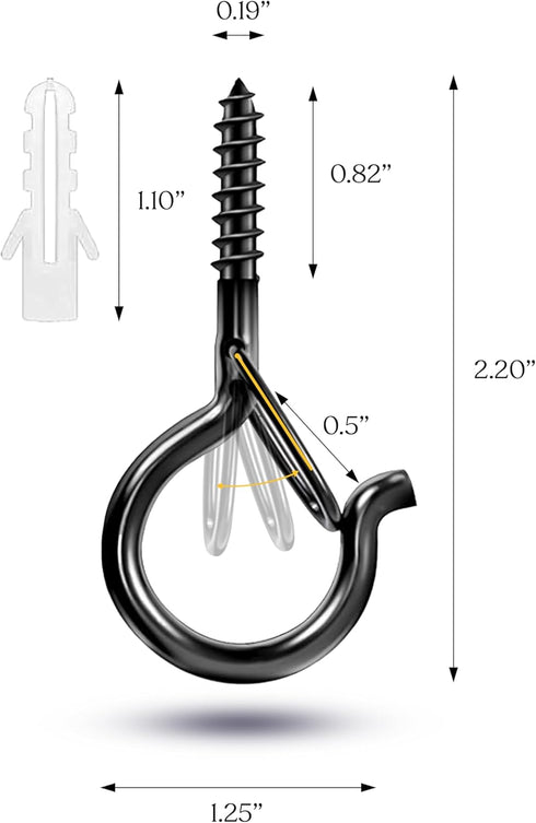Brightech String Light Screw Hooks, Ceiling Hooks for Hanging Solar and Outdoor String Lights, 15 Pack, Black
