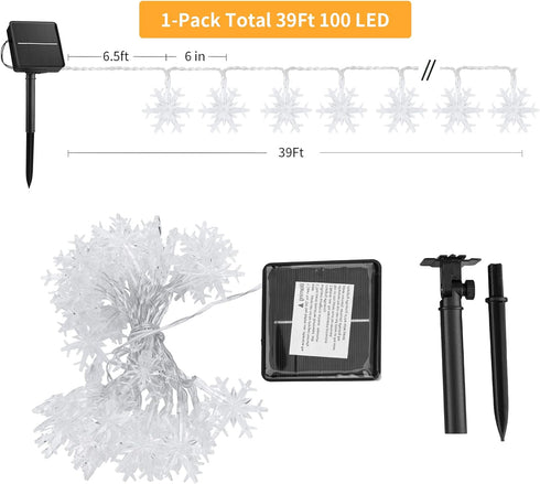 Solar Christmas Snowflake String Lights, 100 LED 39 FT Outdoor Waterproof Fairy Lights for Decor