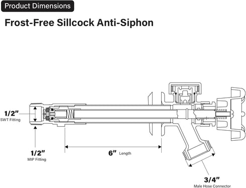 6 Inch 1/2" 3/4" Midline Valve Frost-Free Anti-Siphon Sillcock with Vacuum Breaker Chrome-Plated Brass, Lead-Free