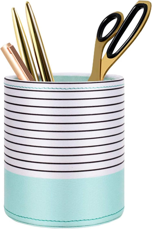 WAVEYU Pen Holder, Cute Multi-Purpose Desk Organizer, Luxury Leather Makeup Brush Holder, Mint Green Stripes