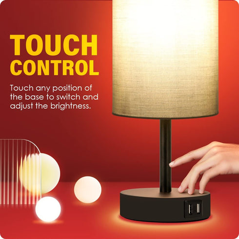 Yarra-Decor Bedside Lamps with USB Port - Touch Control Table Lamp Set of 2, Round Grey Fabric Shade