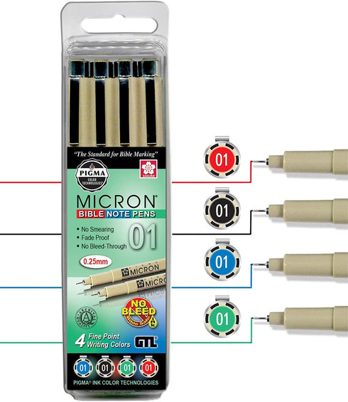 G.T. Luscombe Pigma Micron 01 Fine Point Bible Note Pen Kit, No Bleed, Black, Blue, Green, Red (Set of 4)