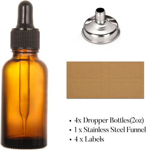 AOZITA 4 Pack, 2 oz Dropper Bottles with 1 Funnel & 4 Labels - 60ml Thick Dark Amber Glass Tincture Bottles with Eye Droppers - Leakproof Essential Oils Bottles by AOZITA
