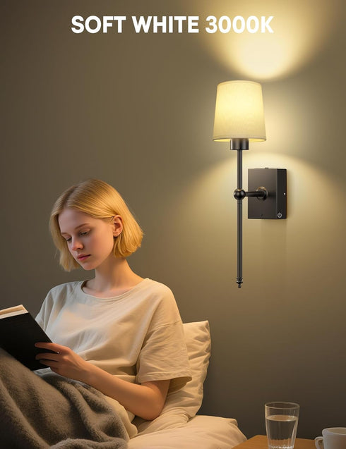 Set 2: 8000mAh Dimmable TOOWELL Battery Operated Wall Sconce of Black Rechargeable Wall Lights Fixtures LED with Remote