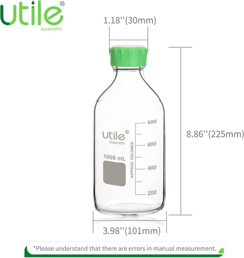 Utile 1000ml (33.8oz) Lab Media Bottle, 3.3 Borosilicate Glass Storage Bottle with Lid, PP Material