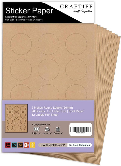 Round Kraft Labels Stickers, Printable Paper Brown Color, 2 Inches, Pack of 240 Labels - 20 Sheets