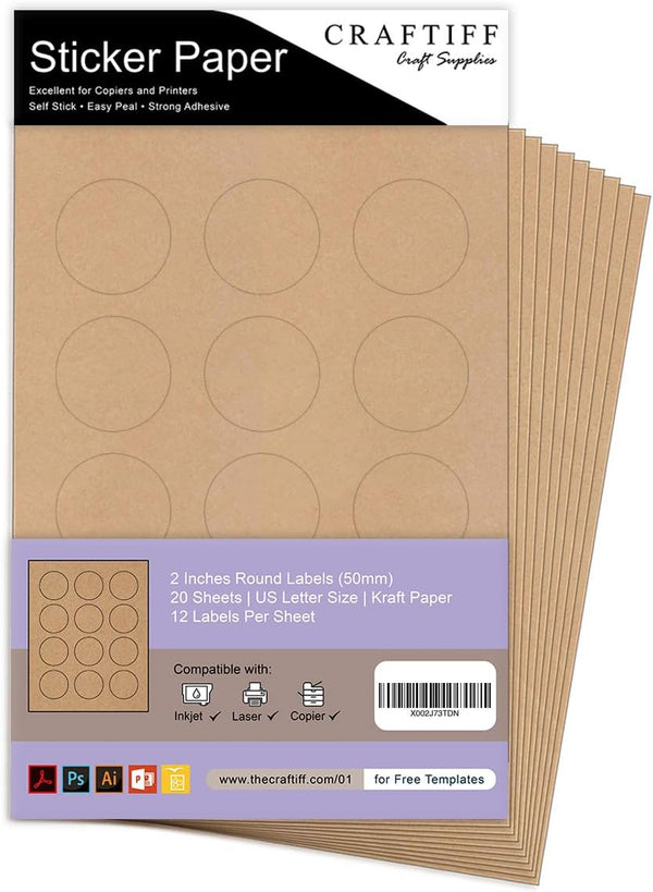 Round Kraft Labels Stickers, Printable Paper Brown Color, 2 Inches, Pack of 240 Labels - 20 Sheets