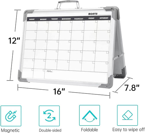 Small Double Sided Magnetic Dry Erase Board with Calendar - Portable Folding Whiteboard for Desktop, Monthly Schedule