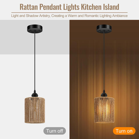 1 Pack, Bulb BoostArea Rattan Pendant Lights Kitchen Island, Farmhouse Chandelier with Handwoven Wicker Shade