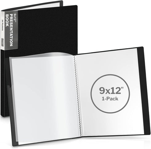 Dunwell 9x12 Presentation Book (Black), 24-Pocket Folder with Plastic Sleeves for 9 x 12 or A4 Documents