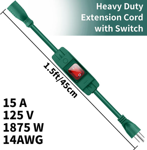 Outdoor Extension Cord with On/Off Waterproof Switch, 3 Prong Heavy Duty Extension Cord, Black Sjtw, 1.5 Ft, Green