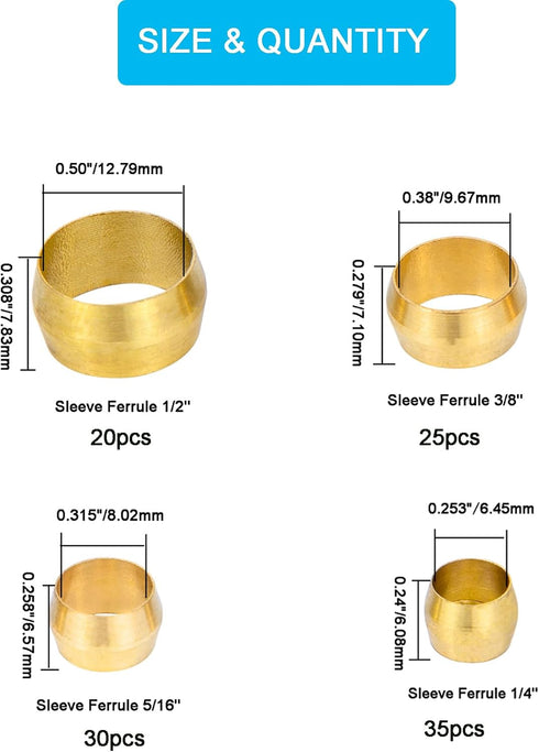 110PCS Brass Compression Fitting Assortment Kit, Tube OD (1/4" 5/16" 3/8" 1/2") Ferrules