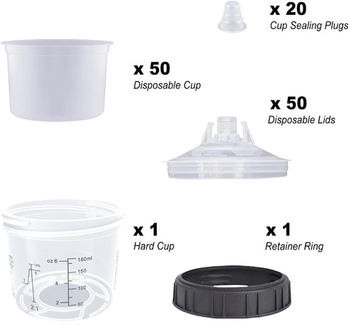 6 (180ml) 50 1 20 Disposable Paint Spray Gun Cup System for HVLP Paint Spray Paint Gun,Standard Ounce Kit with Cups